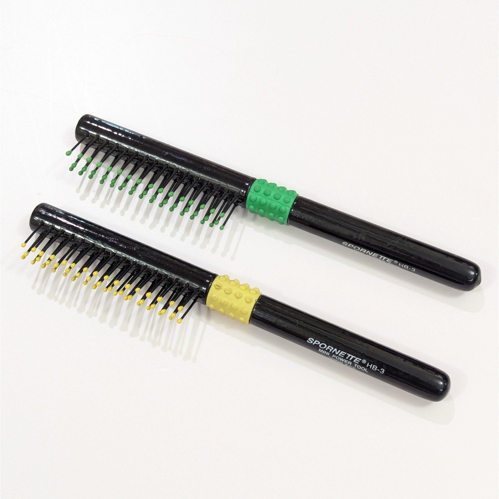 Set of 2 Spornette Mini Hair Brush HB-3 Short Hair Styler 3-Row Comb Wood Handle